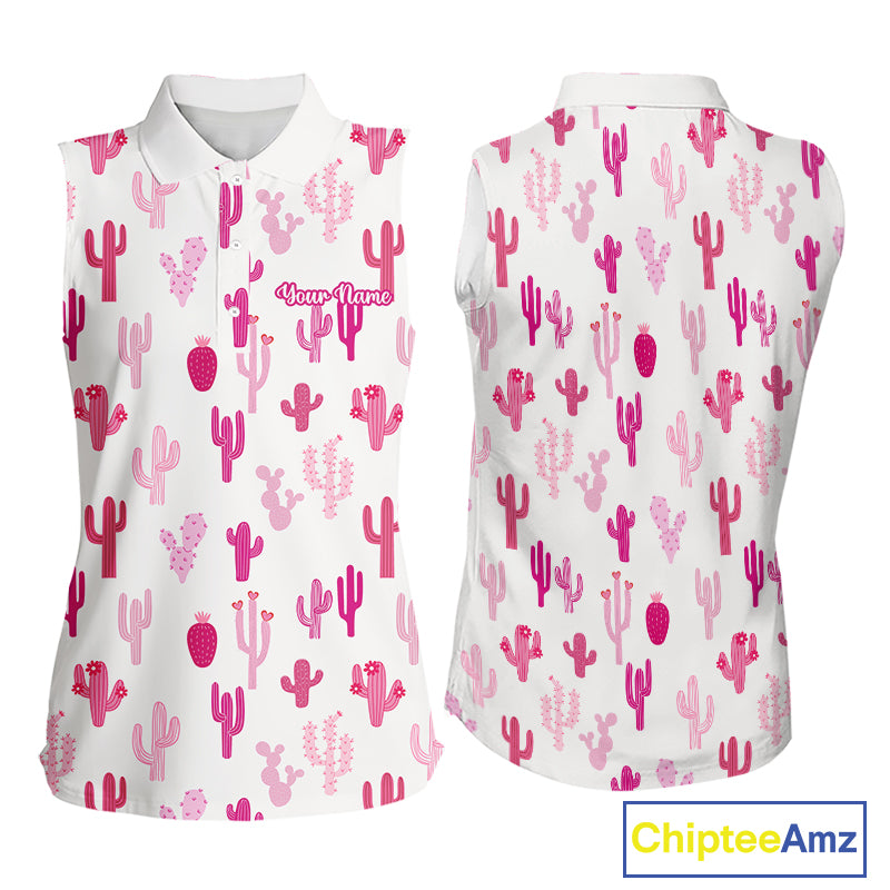 Funny Pink Cactus Pattern Womens Sleeveless Golf Polo Shirts Custom Cactus Ladies Golf Attire, Golf Gift NHN0185