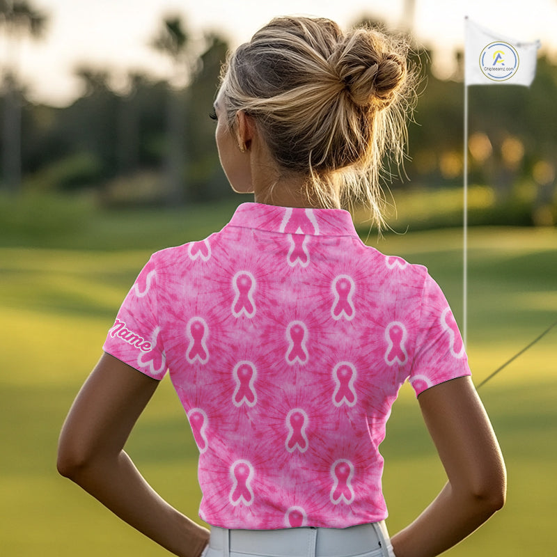 Pink Breast Cancer Golf Shirt Custom Name Tie Dye Women Golf Polo Shirt Personalized Golf Gifts NHN0188