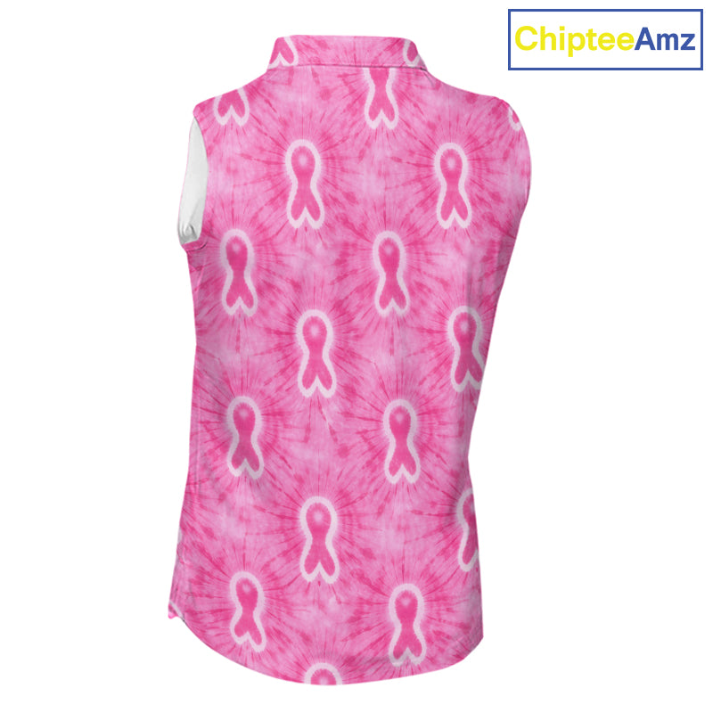 Pink Breast Cancer Golf Shirt Custom Tie Dye Womens Sleeveless Golf Polo Shirt, Pink Golf Gifts NHN0188