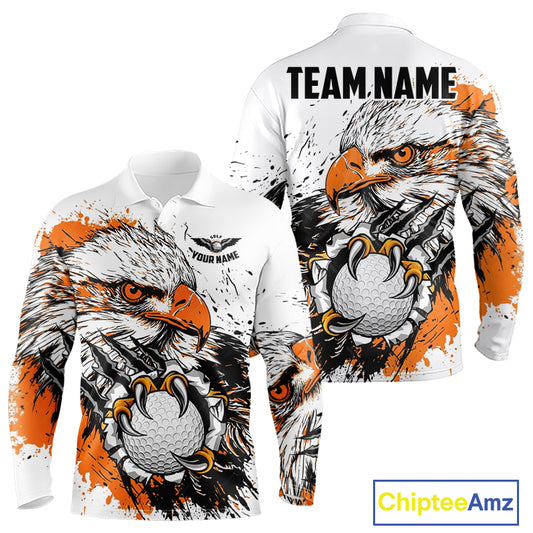 Long Sleeve Golf Polo Shirt Custom Orange And White Grunge Eagle Grasping Golf Ball, Golf Gifts NHN0054