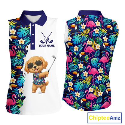 Funny Womens Sleeveless Golf Polo Shirt Custom Tropical Golden Retriever Golf Shirt, Dog Lover Gift NHN0196