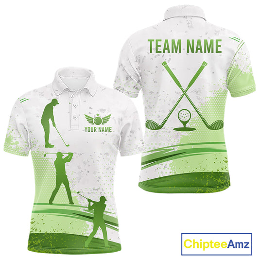 Mens Golf Polo Shirts Custom Green And White Pattern Golf Tops For Men, Personalized Golf Gifts NHN0037