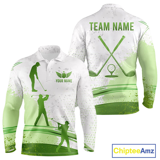 Long Sleeve Golf Polo Shirt Custom Green And White Pattern Golf Tops For Men, Personalized Golf Gifts NHN0037