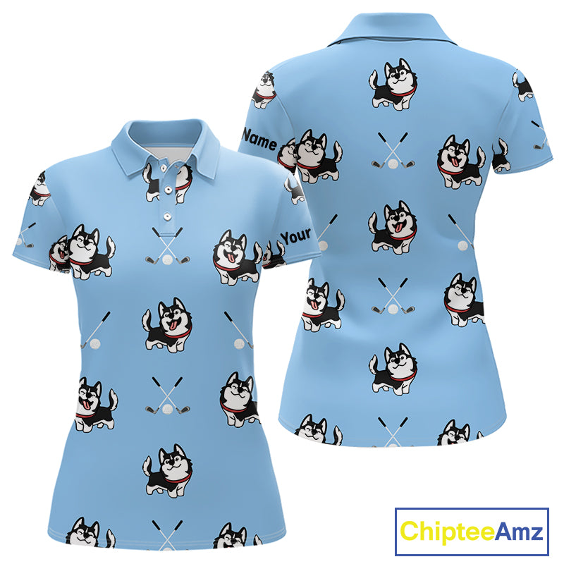 Funny Husky Blue Pattern Custom White Womens Golf Polo Shirts, Team Ladies Golf Tops, Dog Lover Gift NHN0065