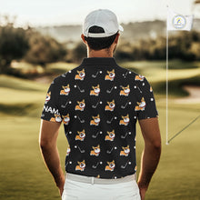 Load image into Gallery viewer, Black Mens Golf Polo Shirt Custom Cute Dogs Corgi Print Golf Shirts For Men, Dog Lover Gift NHN0069