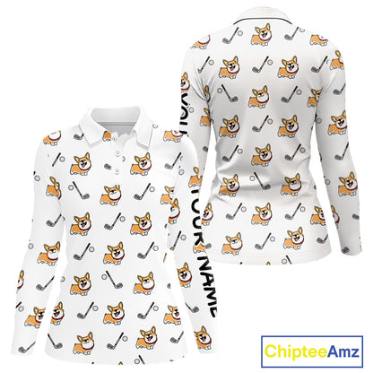 Womens Long Sleeve Golf Polo Shirt Custom Cute Dogs Corgi Print White Golf Shirts, Dog Lover Gift NHN0069