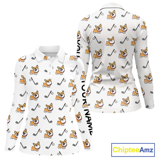 Womens Long Sleeve Golf Polo Shirt Custom Cute Dogs Corgi Print White Golf Shirts, Dog Lover Gift NHN0069