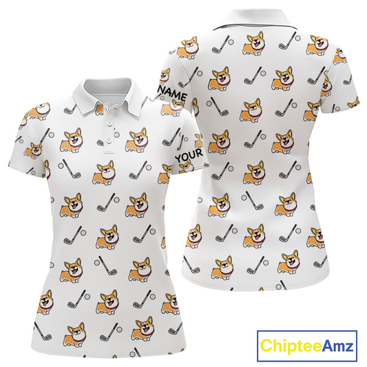 Womens Golf Polo Shirt Custom Cute Dogs Corgi Print White Golf Shirts For Women, Dog Lover Gift NHN0069
