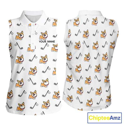 Womens Sleeveless Golf Polo Shirt Custom Cute Dogs Corgi Print White Golf Shirts, Dog Lover Gift NHN0069