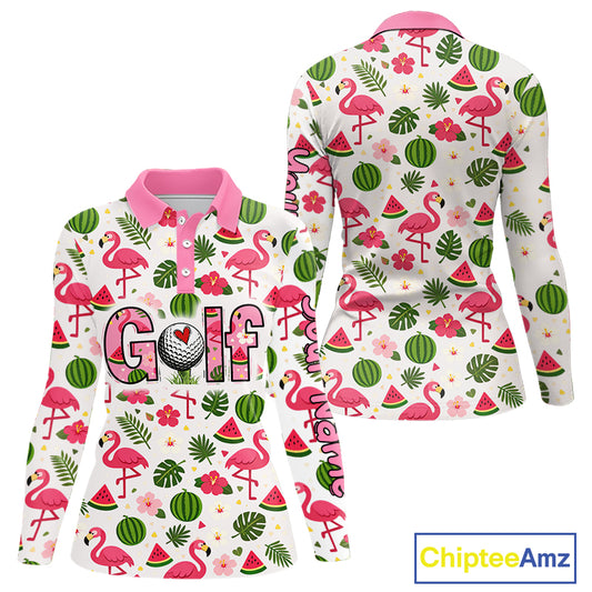 Pink Flamingo Tropical Womens Long Sleeve Golf Polo Shirt Custom Funny Ladies Golf Tops, Golf Gift NHN0202