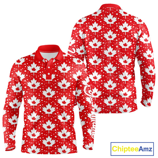 Red Maple Leaves Pattern Canadian Long Sleeve Golf Polo Shirts Custom Patriotic Golf Shirts NHN0207