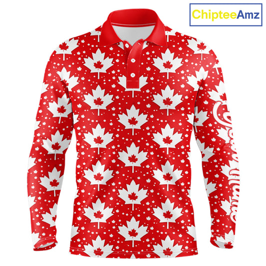 Red Maple Leaves Pattern Canadian Long Sleeve Golf Polo Shirts Custom Patriotic Golf Shirts NHN0207