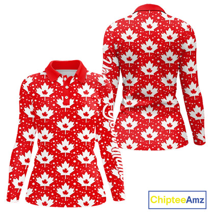 Red Maple Leaves Pattern Canadian Long Sleeve Womens Golf Polo Shirts Custom Patriotic Golf Shirts NHN0207