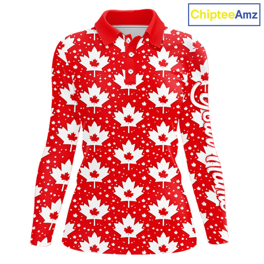 Red Maple Leaves Pattern Canadian Long Sleeve Womens Golf Polo Shirts Custom Patriotic Golf Shirts NHN0207