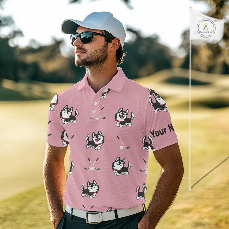Mens Golf Polo Shirt Custom Funny Husky Pink Pattern Team Golf Tops For Men, Dog Lover Gift NHN0065