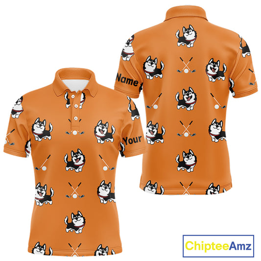 Men Golf Polo Shirt Custom Funny Husky Orange Pattern Team Golf Tops For Men, Dog Lover Gift NHN0065