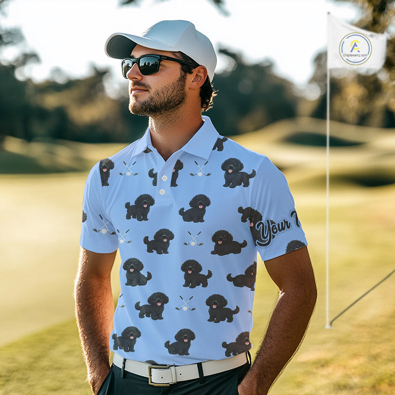 Mens Golf Polo Shirt Custom Funny Black Poodle Blue Pattern Team Mens Golf Tops, Dog Lover Gift NHN0208