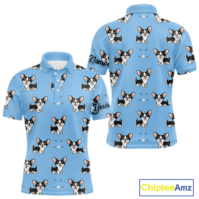 Mens Golf Polo Shirt Custom Funny Chihuahua Blue Pattern Team Mens Golf Top, Dog Lover Gift NHN0211