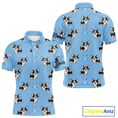 Mens Golf Polo Shirt Custom Funny Chihuahua Blue Pattern Team Mens Golf Top, Dog Lover Gift NHN0211
