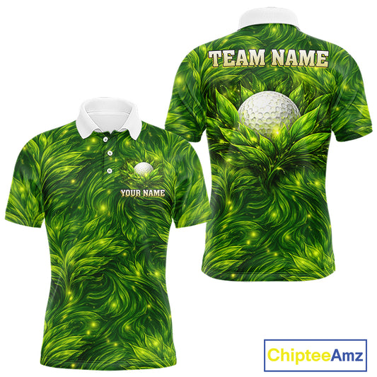 Green Mens Golf Polo Shirt Custom Leaf Pattern Golf Ball Personalized Team Golf Tops, Golf Gifts NHN0222