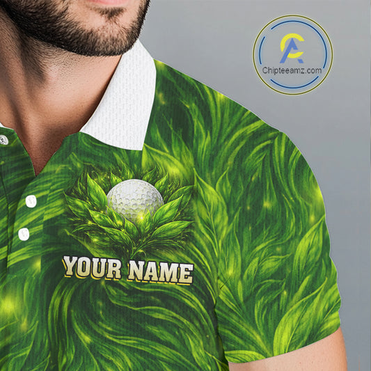 Green Mens Golf Polo Shirt Custom Leaf Pattern Golf Ball Personalized Team Golf Tops, Golf Gifts NHN0222