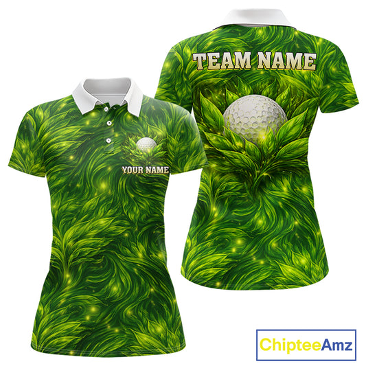 Green Womens Golf Polo Shirt Custom Leaf Pattern Golf Ball Personalized Team Golf Tops, Golf Gifts NHN0222