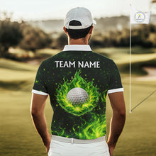 Load image into Gallery viewer, Mens Golf Polo Shirt Neon Green Flame Golf Ball Custom Green Clover St Patricks Day Golf Shirts NHN0223