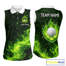 Load image into Gallery viewer, Womens Sleeveless Golf Polo Shirt Neon Green Flame Golf Ball Custom Clover St Patricks Day Golf Shirts NHN0223