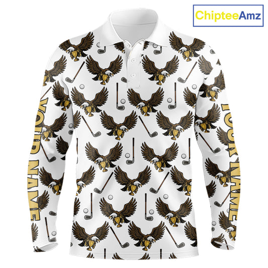 Golf Polo Shirts, Eagle Long Sleeve Golf Polo Shirt Custom Name White Golf Shirts For Men, Golf Gifts NHN0090