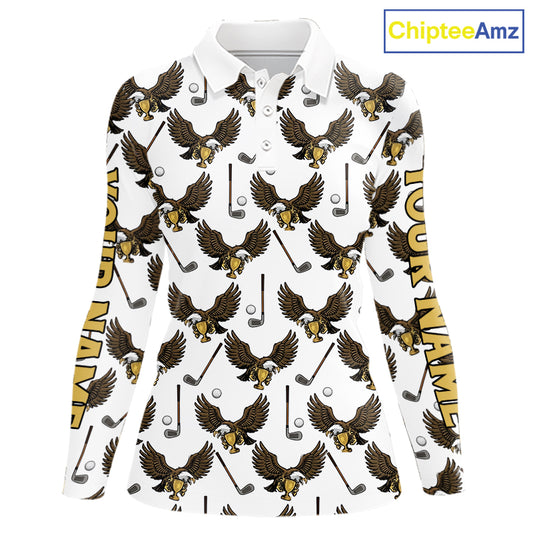 Golf Polo Shirts, Eagle Long Sleeve Golf Polo Shirt Custom Name White Golf Shirts For Women, Golf Gifts NHN0090