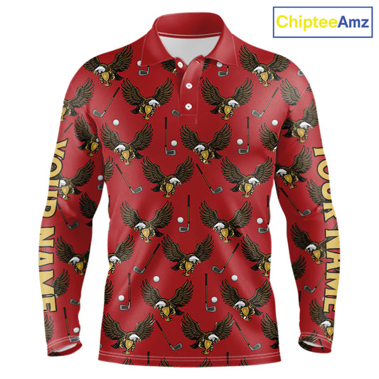 Golf Polo Shirts, Eagle Mens Long Sleeve Golf Polo Shirt Custom Red Golf Shirts For Men, Golf Gifts NHN0091