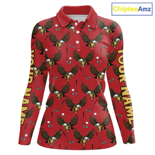 Golf Polo Shirts, Eagle Womens Long Sleeve Golf Polo Shirt Custom Red Golf Shirts For Ladies, Golf Gifts NHN0091
