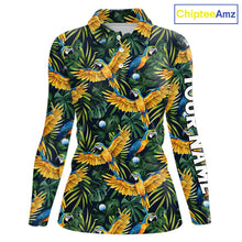 Load image into Gallery viewer, Womens Long Sleeve Golf Polo Shirt Custom Colorful Parrots And Floral Tropical Pattern Team Golf Shirts NHN0092