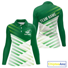 Load image into Gallery viewer, Green And White Womens Long Sleeve Golf Polo Shirt Custom Name Golf Shirts For Team, Golf Gifts NHN0097