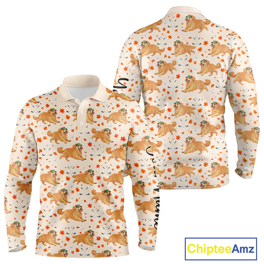 Golden Retriever Long Sleeve Golf Polo Shirt Custom Autumn Leaves Funny Golf Tops, Dog Lover Gift NHN0224