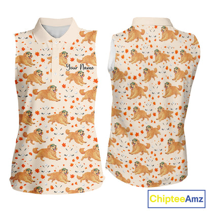 Golden Retriever Womens Sleeveless Golf Polo Shirt Autumn Leaves Funny Golf Tops, Dog Lover Gift NHN0224