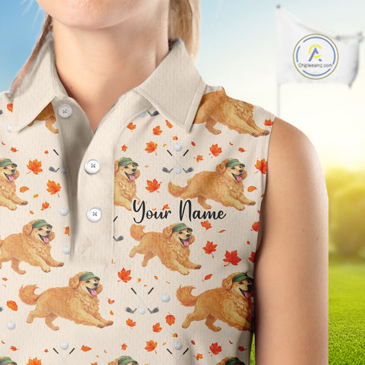 Golden Retriever Womens Sleeveless Golf Polo Shirt Autumn Leaves Funny Golf Tops, Dog Lover Gift NHN0224
