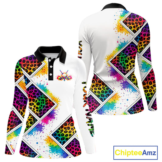 Womens Long Sleeve Golf Polo Shirt Colorful Rainbow Leopard Print Pattern Custom Team Golf Tops NHN0227
