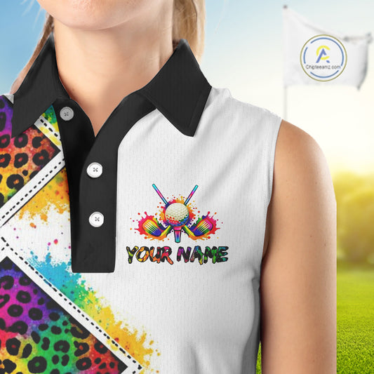 Womens Sleeveless Golf Polo Shirt Colorful Rainbow Leopard Print Pattern Custom Team Golf Tops NHN0227