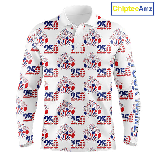 USA 250th Anniversary Long Sleeve Golf Polo Shirt Custom Golf Pattern Team Patriotic American Golf Top NHN0231