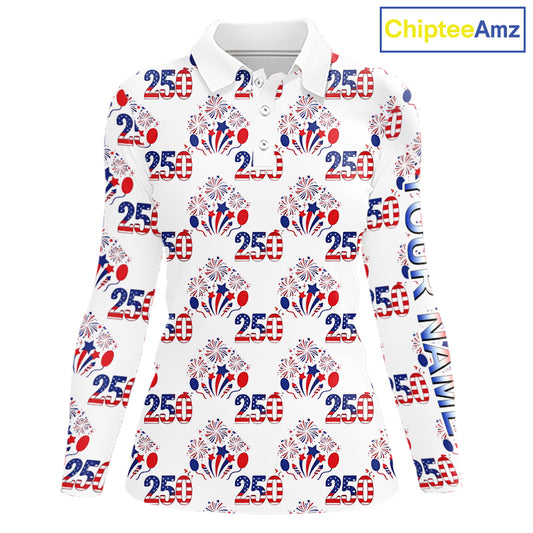 USA 250th Anniversary Womens Long Sleeve Golf Polo Shirt Custom Golf Pattern Team Patriotic Golf Top NHN0231