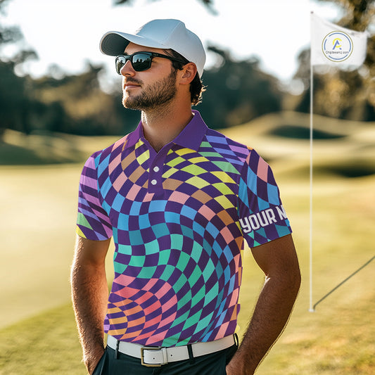 Mens Golf Polo Shirt Custom Checkerboard Argyle Pattern Golf Shirts For Men, Golf Gifts NHN0123