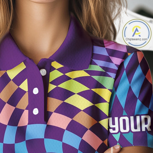 Womens Golf Polo Shirt Custom Checkerboard Argyle Pattern Golf Shirts For Ladies, Golf Gifts NHN0123