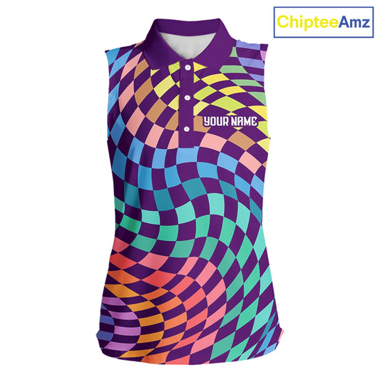 Womens Sleeveless Golf Polo Shirt Custom Checkerboard Argyle Pattern Golf Shirts For Ladies NHN0123