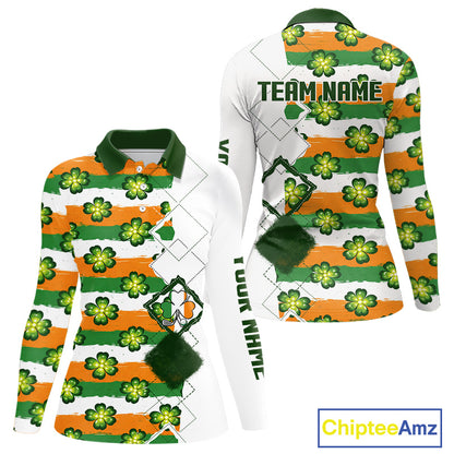 Womens Long Sleeve Golf Polo Shirt Custom Green Clover St Patricks Day Pattern Ireland Flag Golf Top NHN0139
