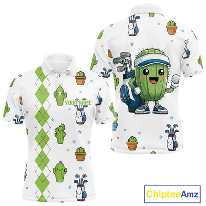 Argyle Pattern Mens Golf Polo Shirts Funny Cactus Flower Custom Cactus Golf Shirt Golfer Gifts NHN0012