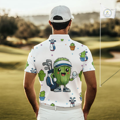 Argyle Pattern Mens Golf Polo Shirts Funny Cactus Flower Custom Cactus Golf Shirt Golfer Gifts NHN0012