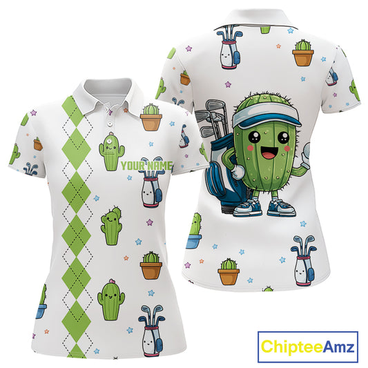 Argyle Pattern Womens Golf Polo Shirts Funny Cactus Flower Custom Cactus Golf Shirt Golfer Gifts NHN0012