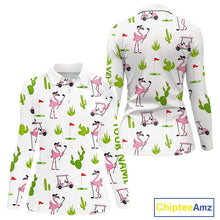 Load image into Gallery viewer, Flamingo Cactus Desert Pattern Womens Long Sleeve Golf Polo Shirt Custom Cactus Golf Shirt NHN0150