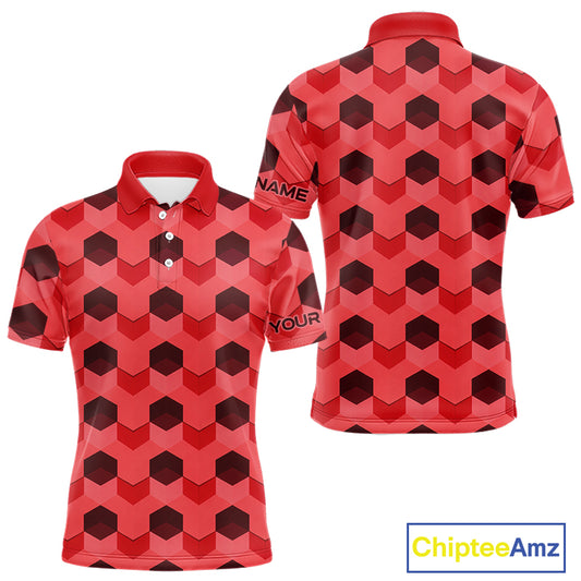 Plaid Mens Golf Polo Shirt Custom Abstract Red Hexagon Pattern Golf Shirts For Men NHN0156